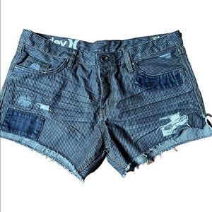 Hurley Jean Striped Shorts With Fringe and Patches Size 28